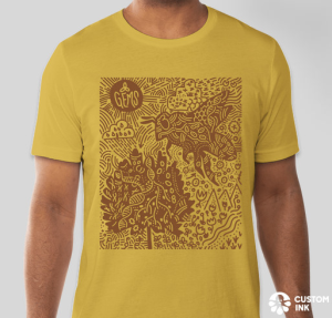 Chocolate bee and clover design on a mustard-colored shirt